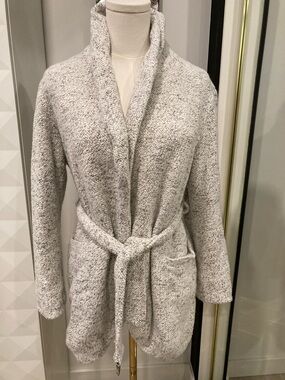 Cotton Open-Front Bouclé Soft Cardigan Light Jacket with Belt in Heather Gray